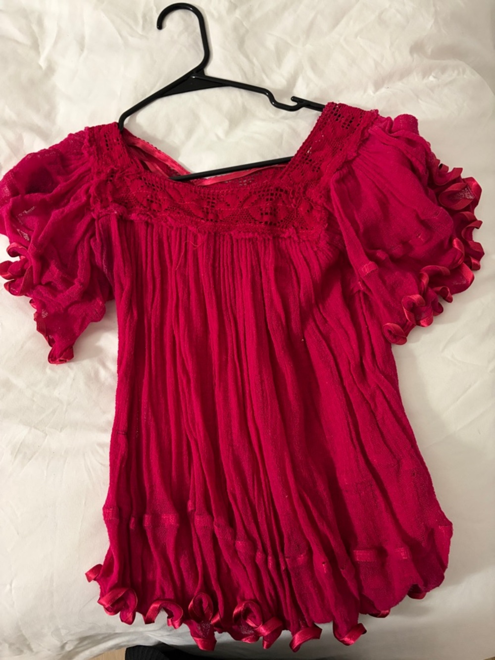 Women’s Bright Pink Crochet Yoke Ruffle Sleeve Blouse
